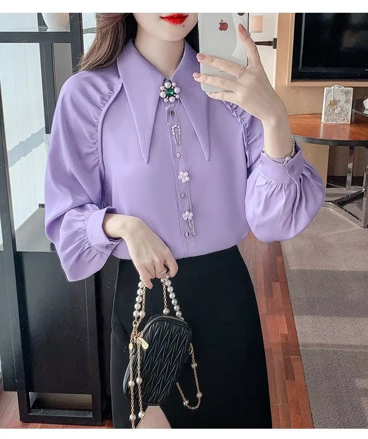Beading Diamonds Korean Single-breasted  Elegant Lapel Shirt Mssza