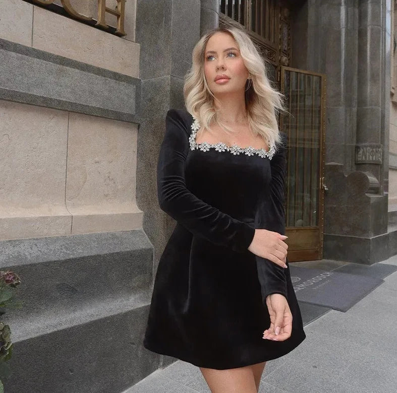 Black Rhinestone Velvet Mini Dress Mssaz Desses