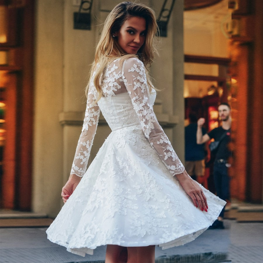 White Lace Hook Flower Hollow Patchwork Boho Long Sleeve Dresses Wedding Party Mssaz Desses