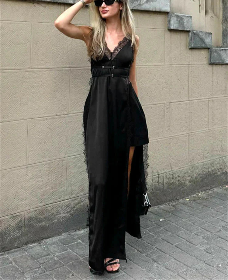 Lace Satin Patchwork High Split Maxi Dress Mssaz Desses