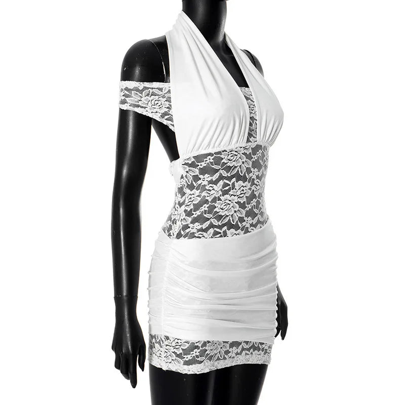 Halter Off the shoulder White Lace Mini Dress Mssaz Desses