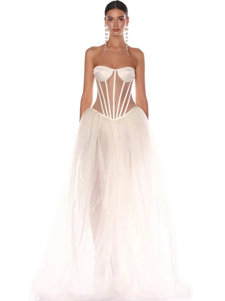 Strapless Mesh White A Line Maxi Long Dress Mssaz Desses