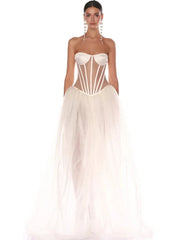 Strapless Mesh White A Line Maxi Long Dress Mssaz Desses