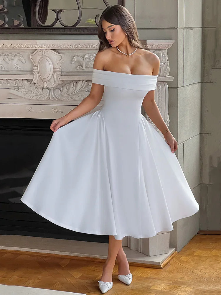 Off-Shoulder Flare Midi Dress Mssaz Desses