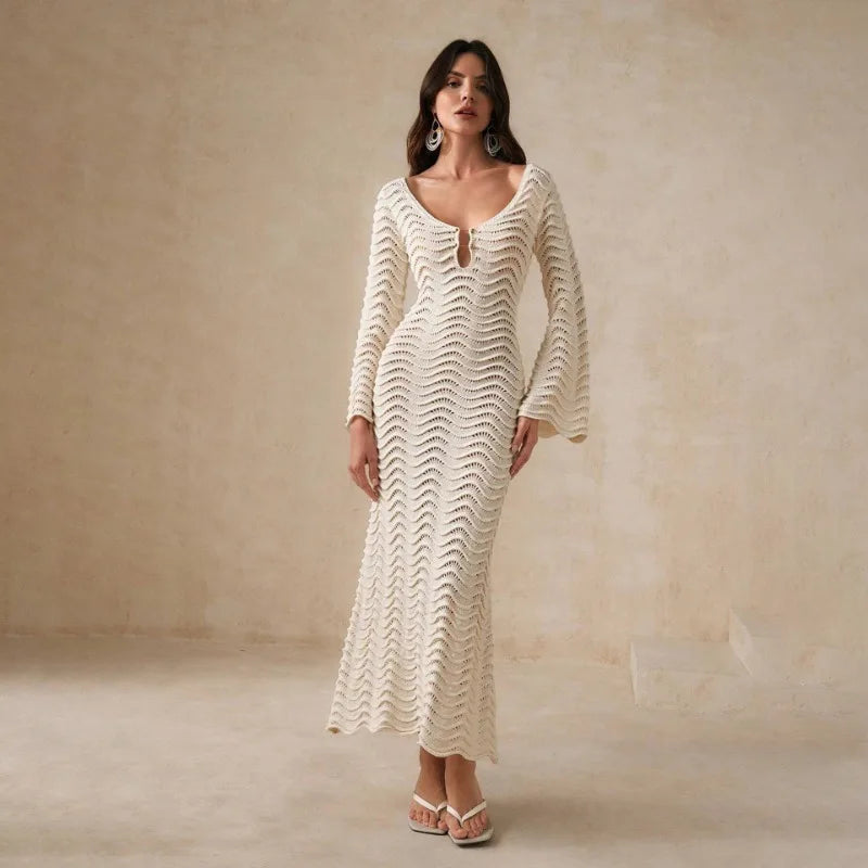 Knit Hollow-Out Loose Patchwork Lace-Up  Dress Mssaz Desses