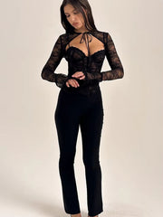 See Through Lace Pattern  Long Sleeve Print Floral Two Piece Tops Mssza