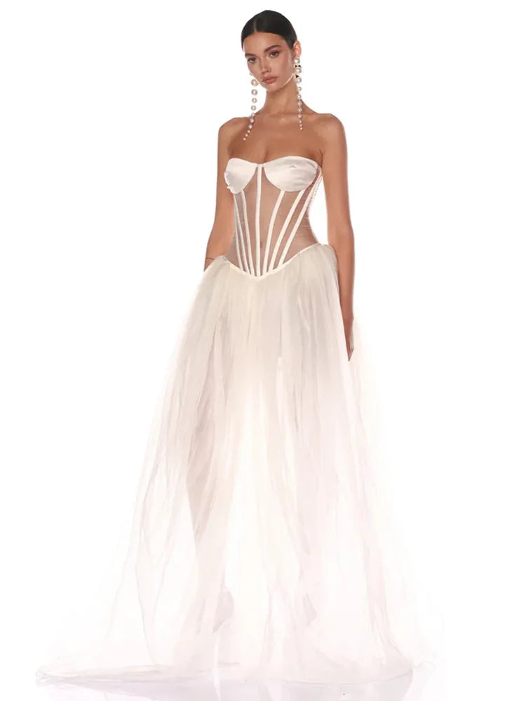 Strapless Mesh White A Line Maxi Long Dress Mssaz Desses