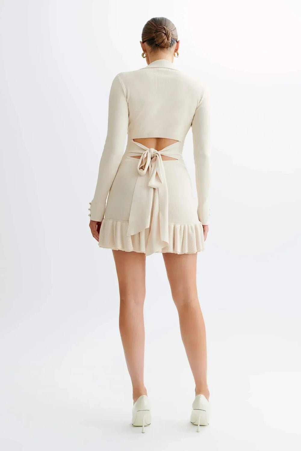 Ruffled Contrast Bow Open Back Lace-Up Knit Mini Dress Mssaz Desses