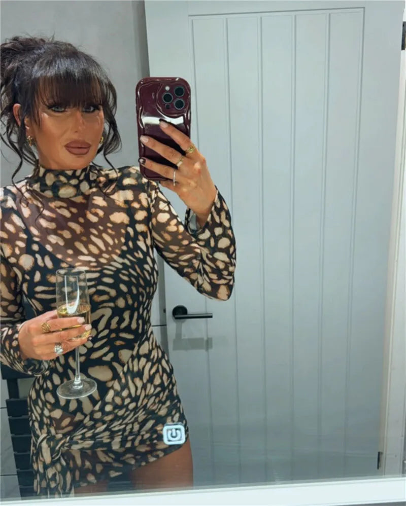 Mesh Leopard Print Turtleneck Mini Dress Mssaz Desses