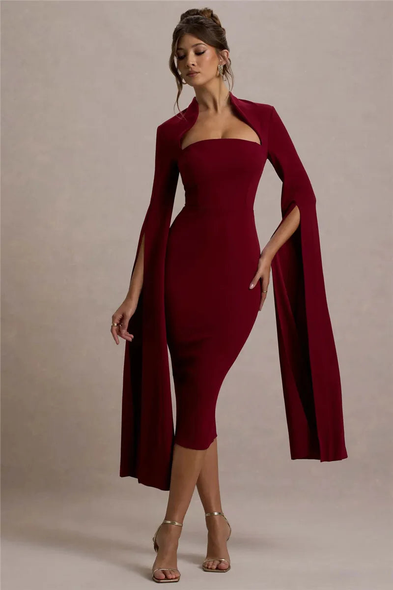 Cape Long Sleeve Square Collar Midi Dress Mssaz Desses