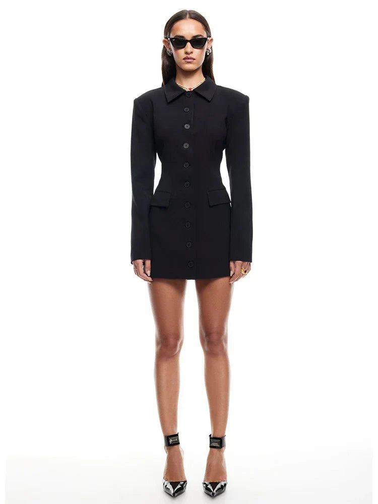 Long Sleeve Lapel Two Pocket Office Lady Blazer Dress Mssaz Desses