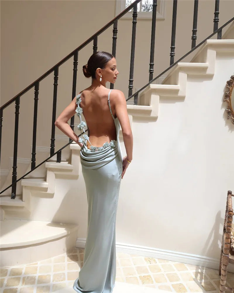 Floral Draped Open Back Spaghetti Strap Maxi Dress Mssaz Desses