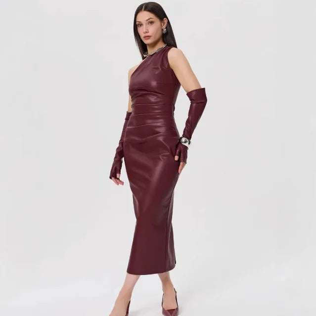 Off-Shoulder Strapless Faux Leather Patchwork Dress Mssaz Desses