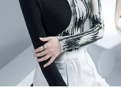 Turtleneck Long Sleeve High Street Printing Hollow Out Pullovers Elegant Slim Chic Top Mssza
