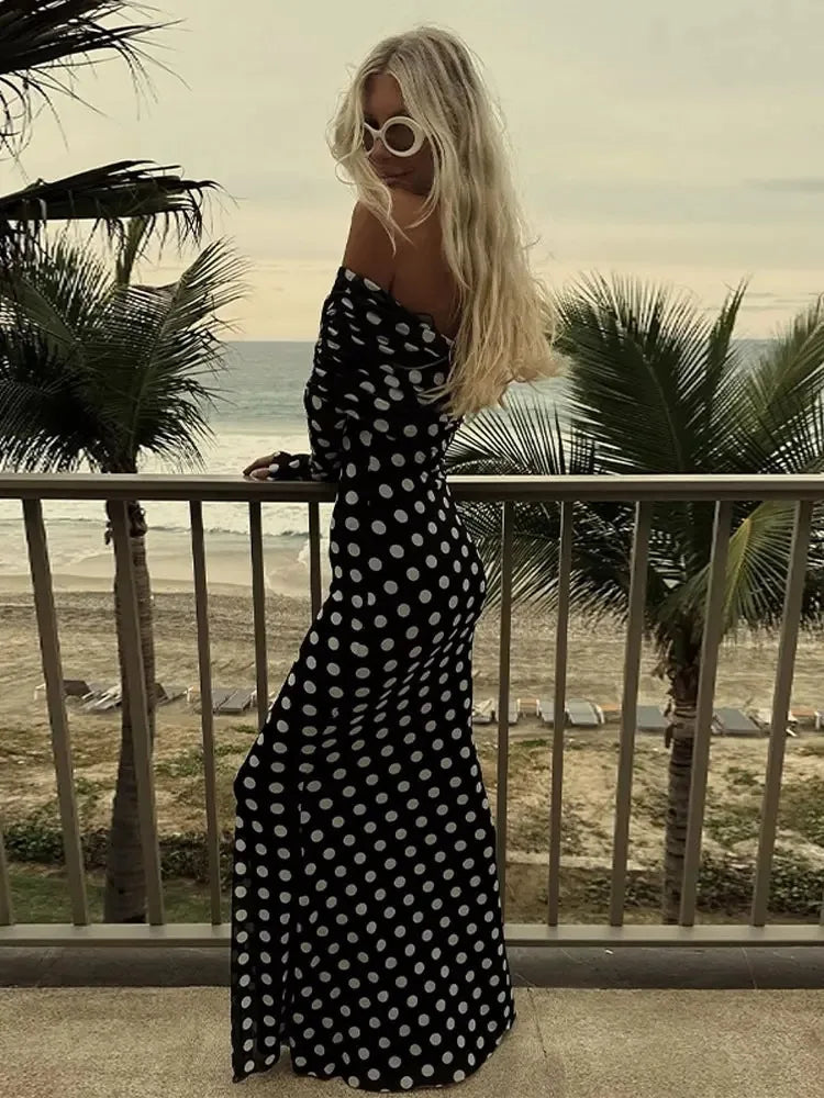 Polka Dots Off Shoulder Long Sleeves Maxi Dress Mssaz Desses