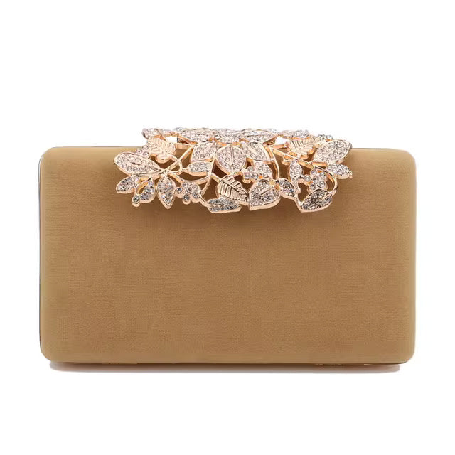 Leaf Design Diamonds Flap Shaped Velvet Luxury Clutch Mssza