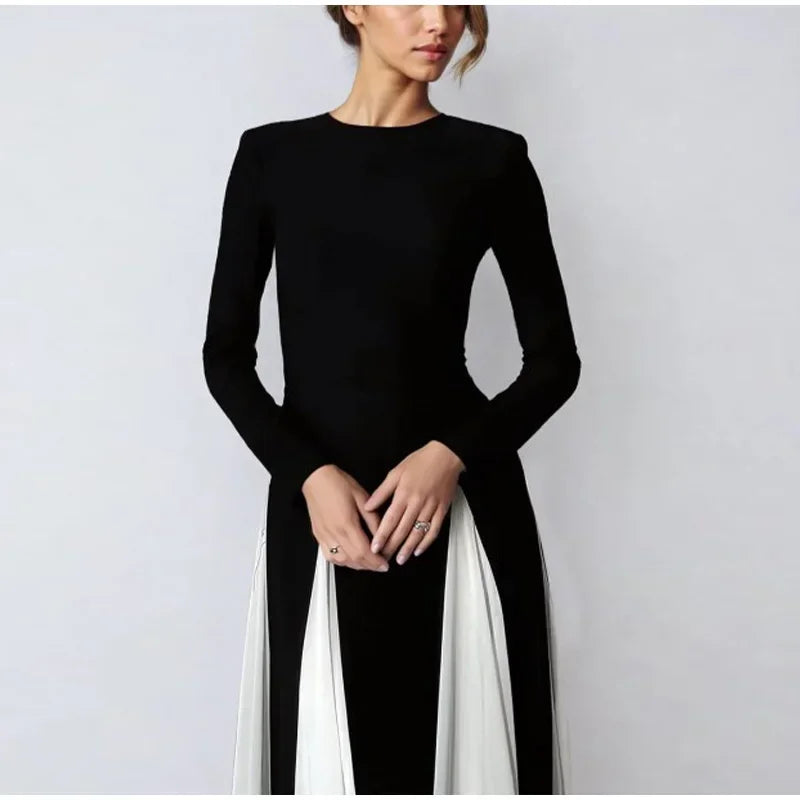 Pleated Patchwork Long Sleeve Maxi Dress Mssaz Desses