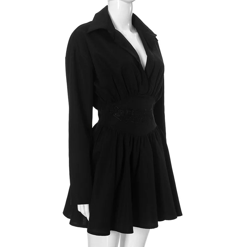 Turn-down Collar Pleated Mini Dress Mssaz Desses