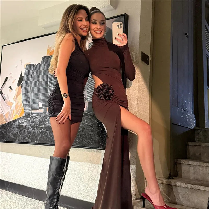 Turtleneck Hollow Out Thigh High Split Dress Mssaz Desses