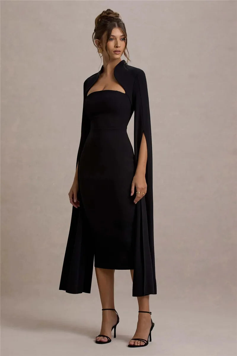 Cape Long Sleeve Square Collar Midi Dress Mssaz Desses