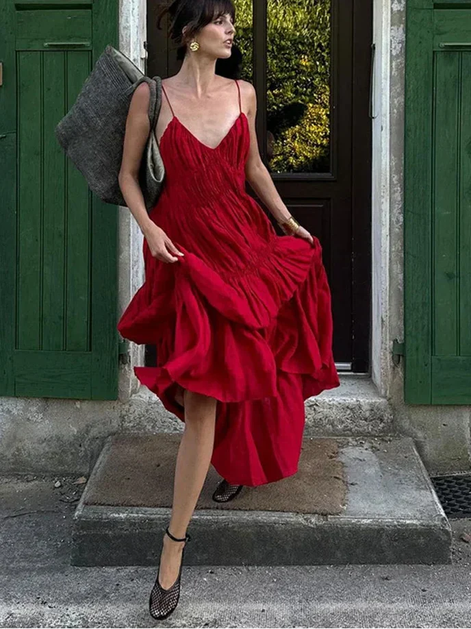 Sling A-line Sleeveless Deep V-neck Dress Mssaz Desses
