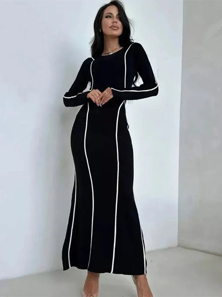 Round Neck Striped Black Long Sleeve Dress Mssaz Desses