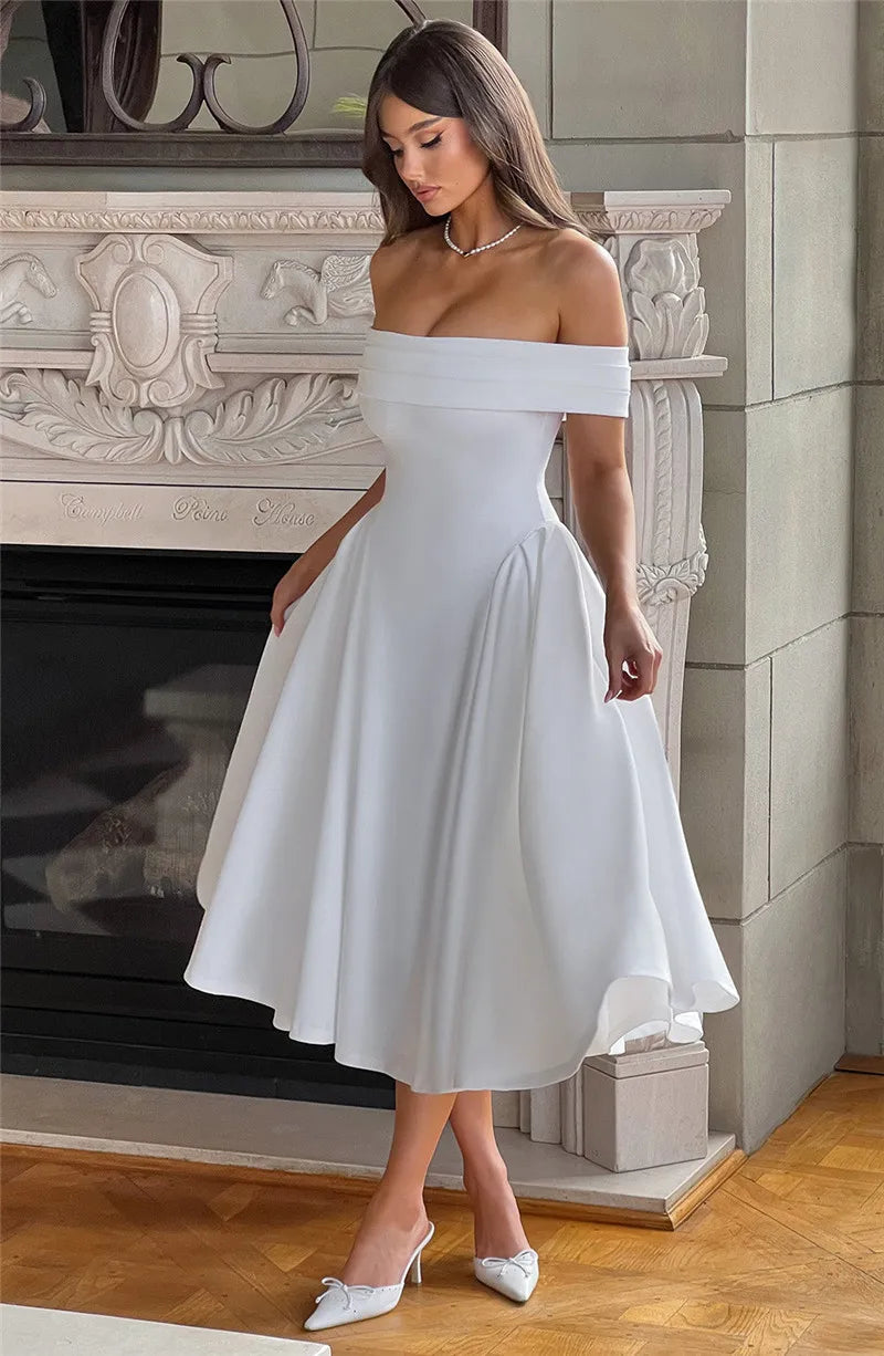 Off-Shoulder Flare Midi Dress Mssaz Desses