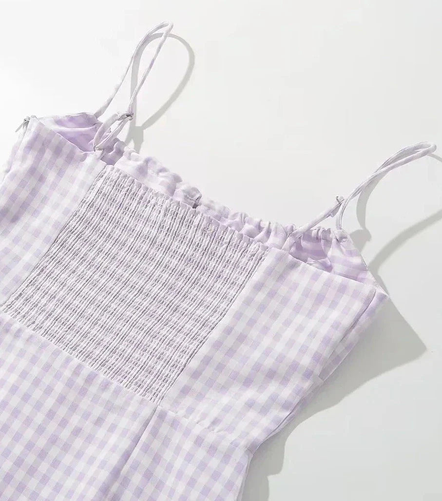 Spaghetti Strap Tie Up Plaid Pink Midi Dress Mssaz Desses