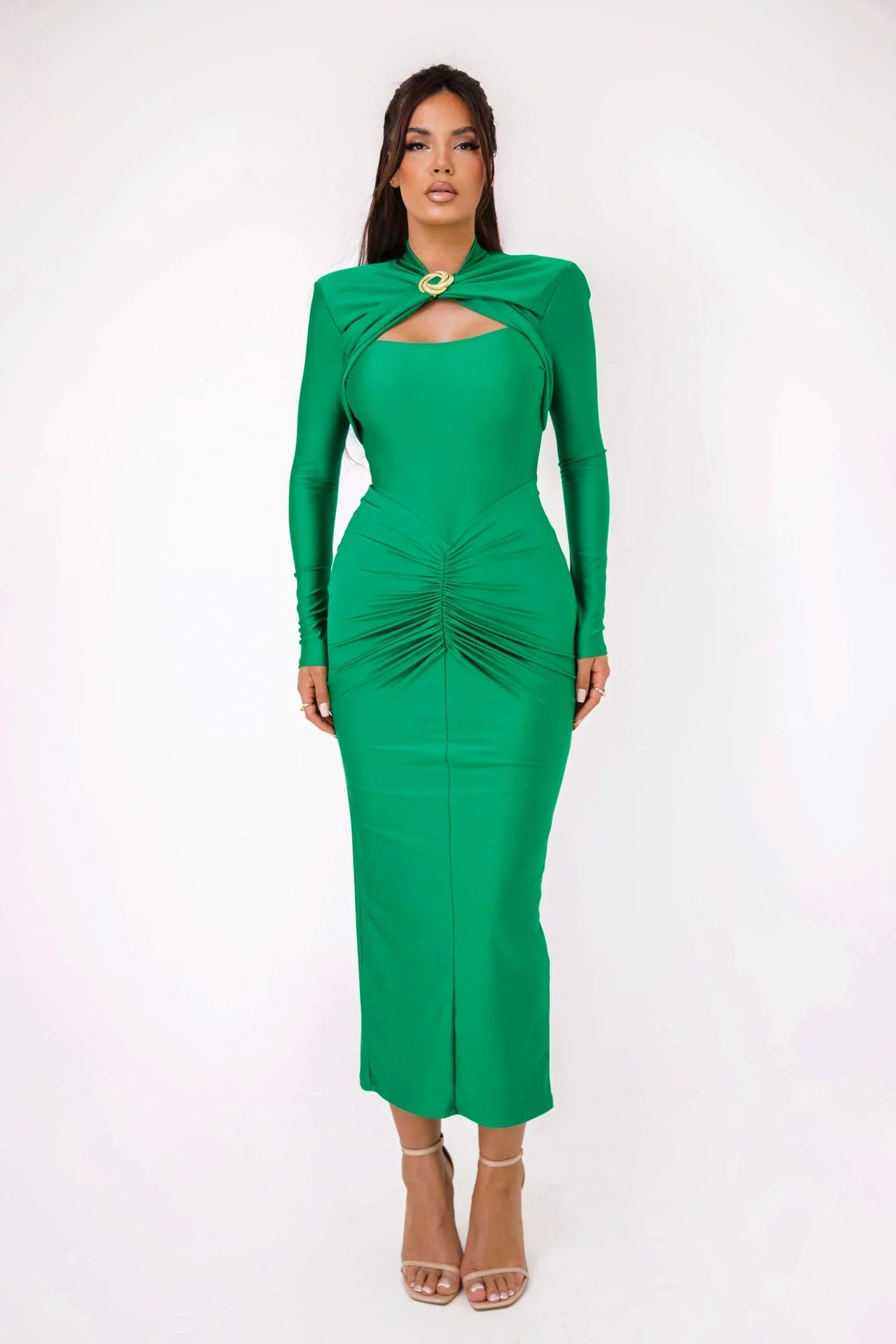 Long Sleeved Pleated Hollowed Out Maxi Dress Mssaz Desses