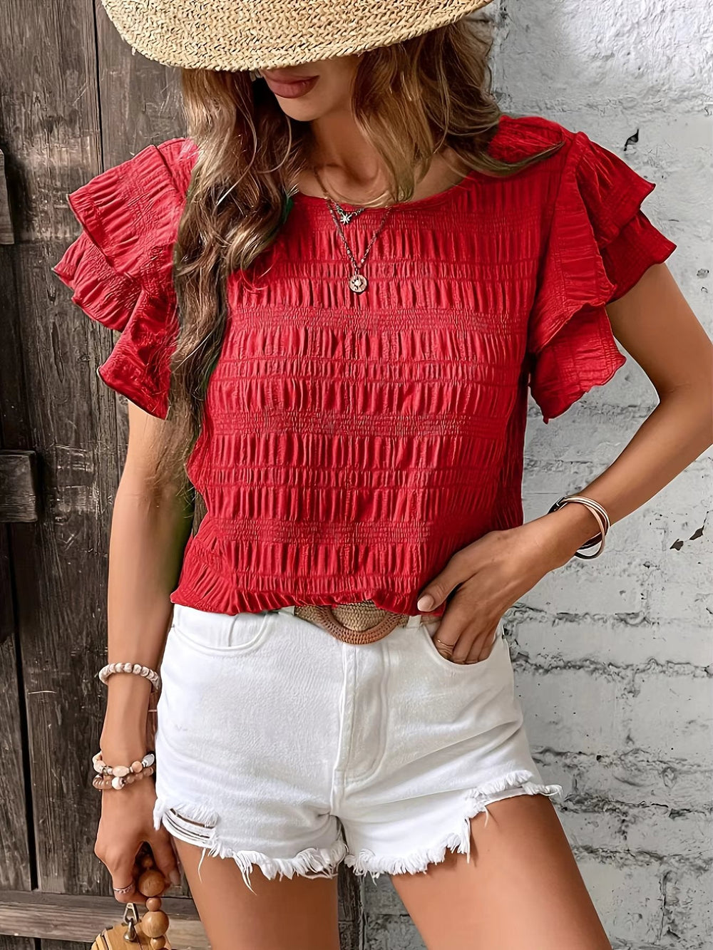 Vintage Butterfly Sleeve O Neck  Casual Elegant Solid Shirt Mssza