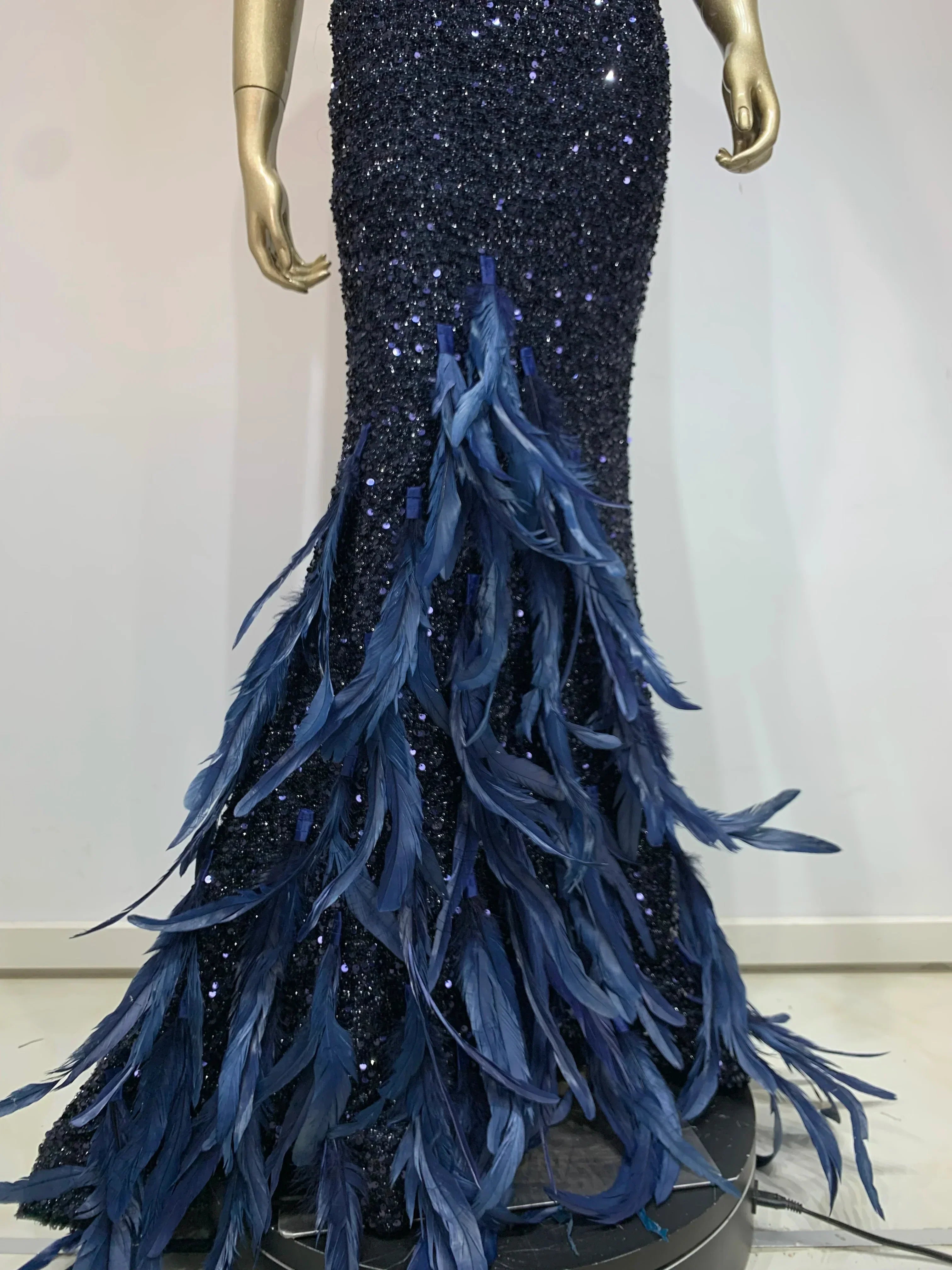 Mesh Sequins Blue Feather Long Dress Mssaz Desses