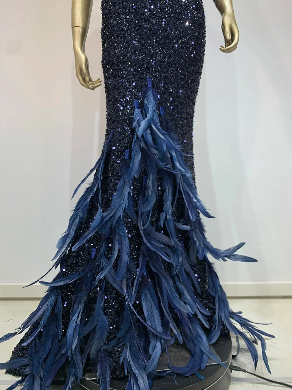 Mesh Sequins Blue Feather Long Dress Mssaz Desses