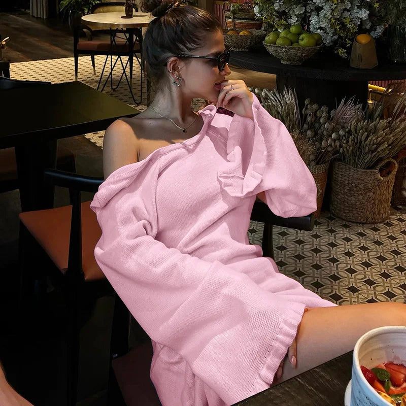 Flare Sleeve Open Back Lace Up Knitwear Long Dress Mssaz Desses