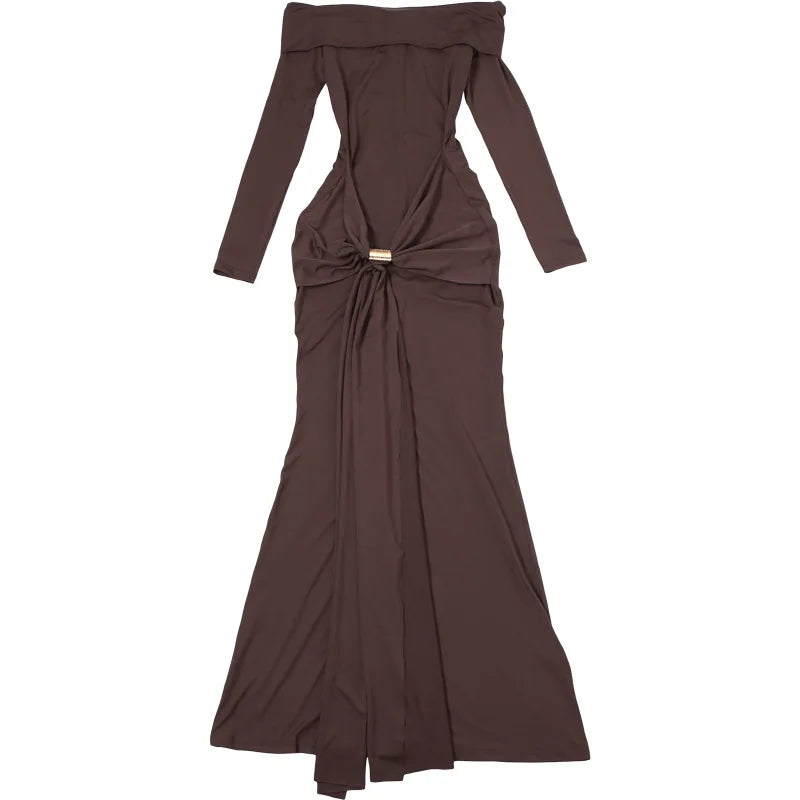 Pleated Patchwork Solid Off-Shoulder Dress Mssaz Desses