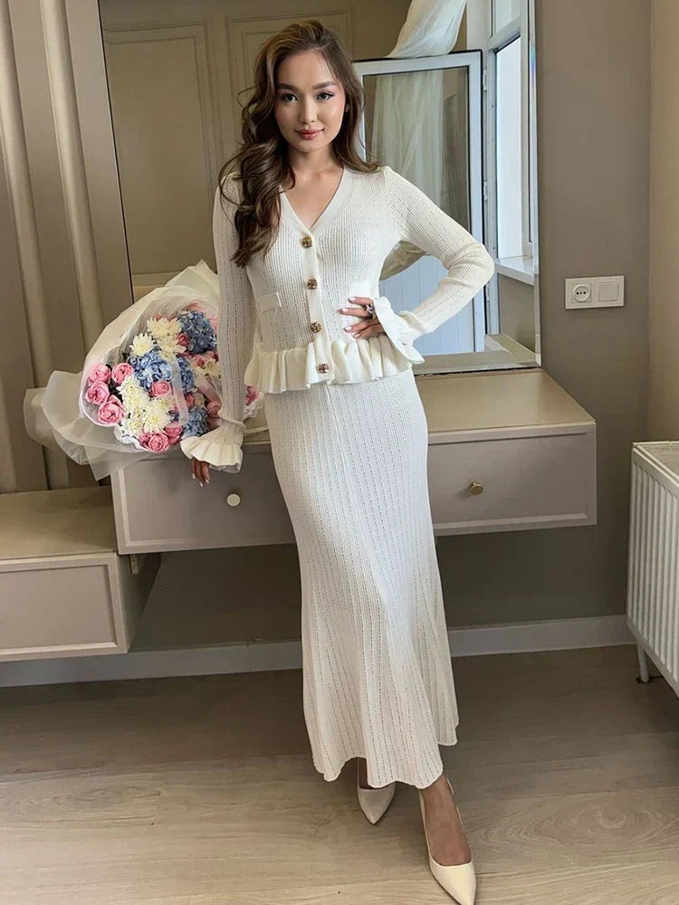 Ruffle Knitted Long Sleeve Mermaid Midi Dress Mssaz Desses
