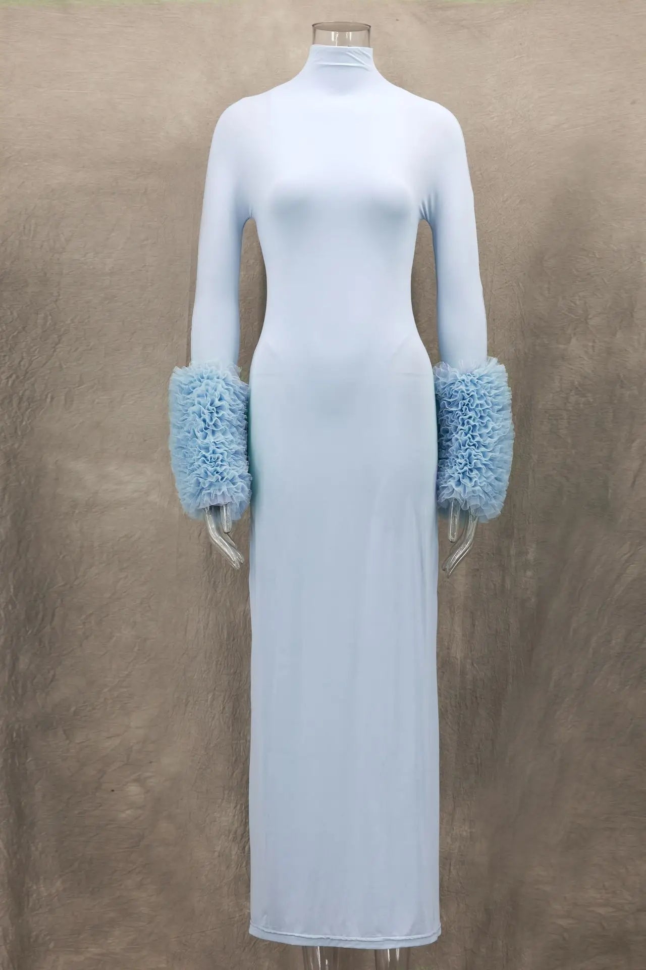 Ruffle Pleated Sleeve Blue Long Dress for Women Mssaz Desses