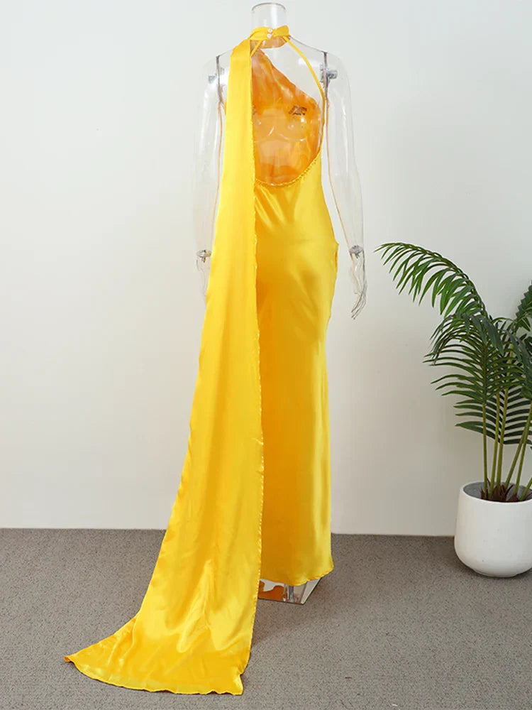 Yellow Satin Maxi Dress Mssaz Desses