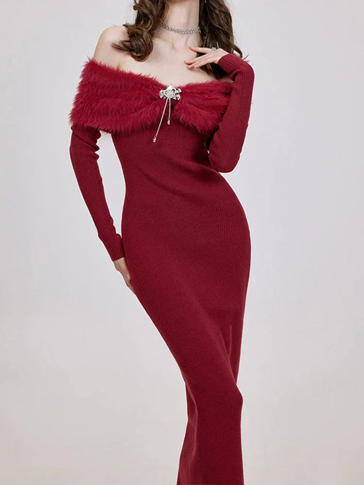 Patchwork Fur Collar Slash Neck Diamond Dress Mssaz Desses