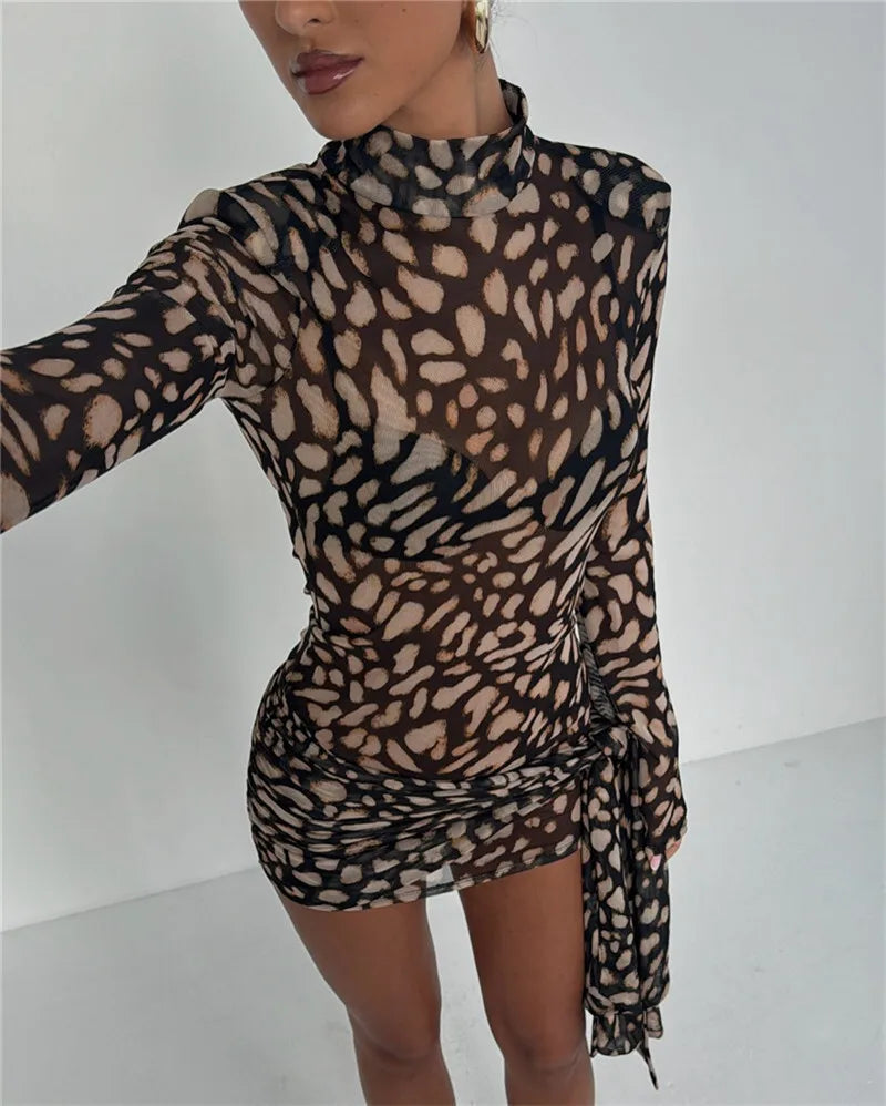 Mesh Leopard Print Turtleneck Mini Dress Mssaz Desses