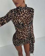 Mesh Leopard Print Turtleneck Mini Dress Mssaz Desses