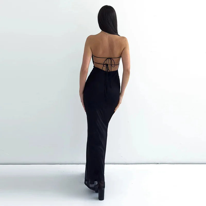 Black Tube Flower Print Back Tie Up Maxi Dress Mssaz Desses