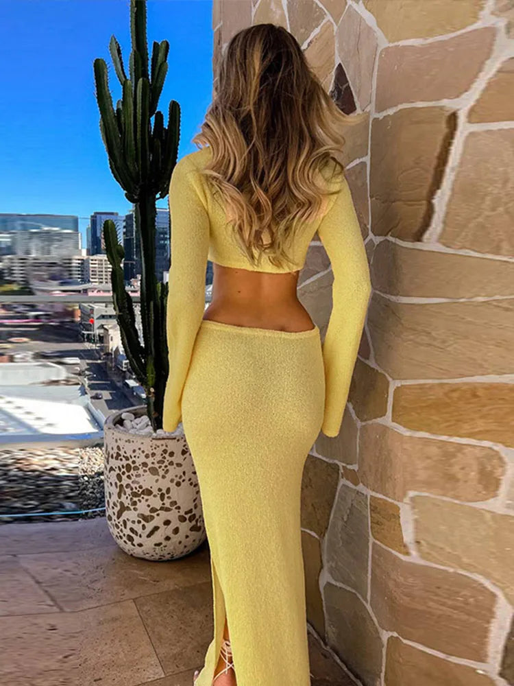 Knitted Hollow Out Solid O-neck Slit Maxi Dress Mssaz Desses