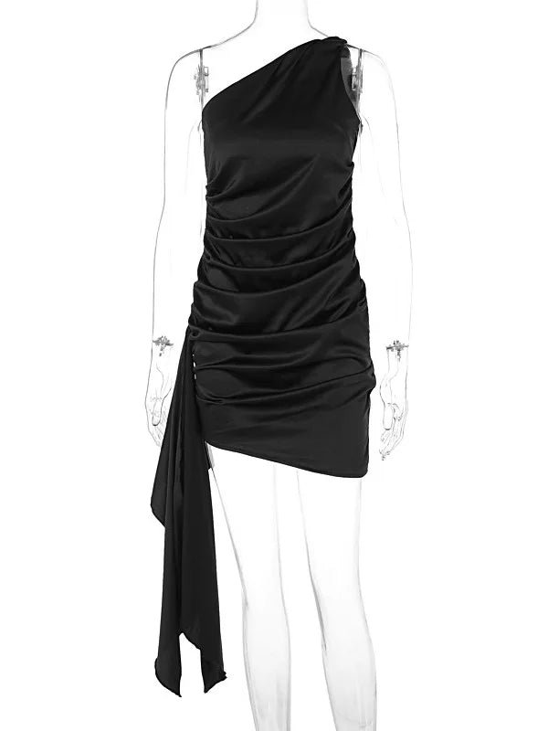 Satin Sleeveless One Shoulder Ribbon Mini Dress Mssaz Desses