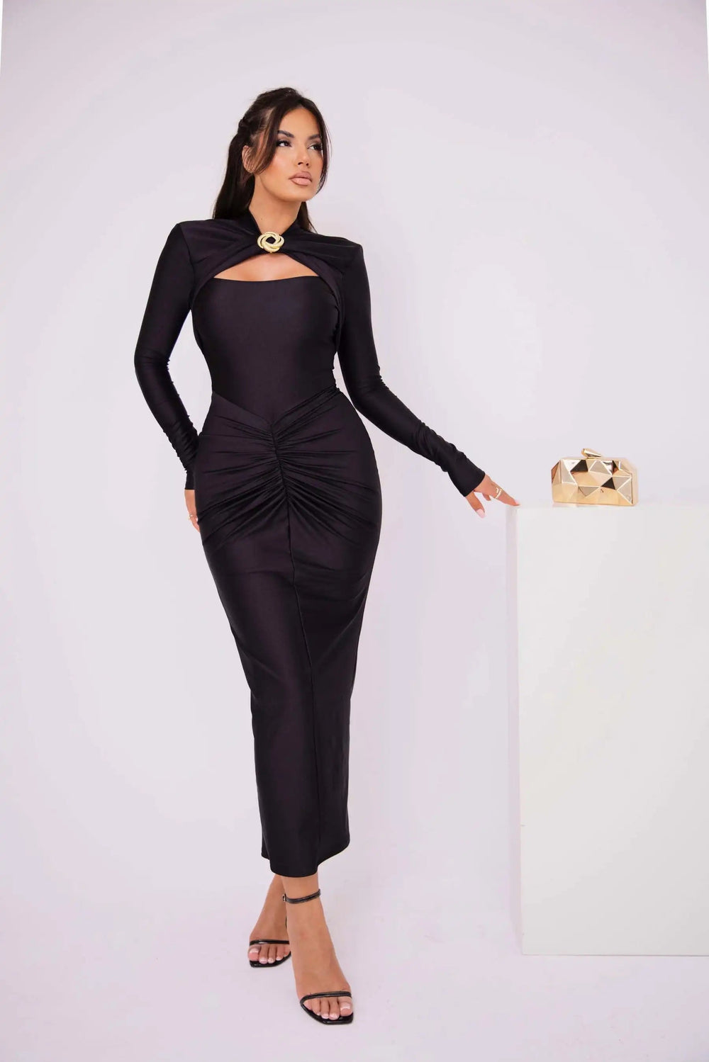 Long Sleeved Pleated Hollowed Out Maxi Dress Mssaz Desses