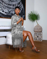 Solid Notched Tassel Sequin Decoration Knee Length Dress Mssaz Desses
