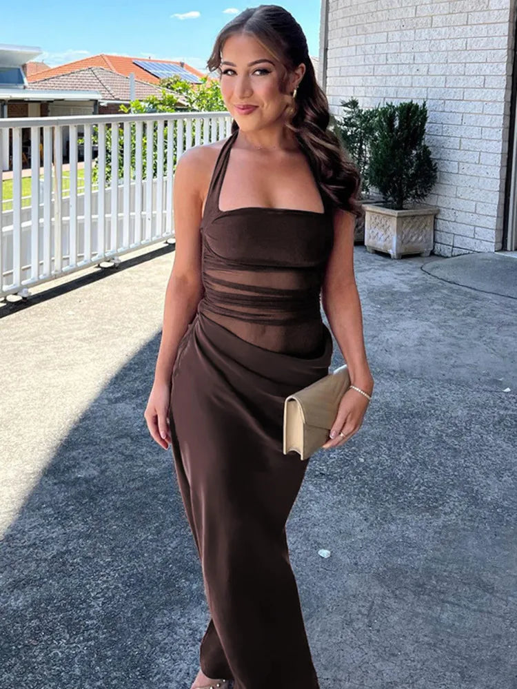 Mesh Patchwork Backless Halter Bodycon Gown Mssaz Desses