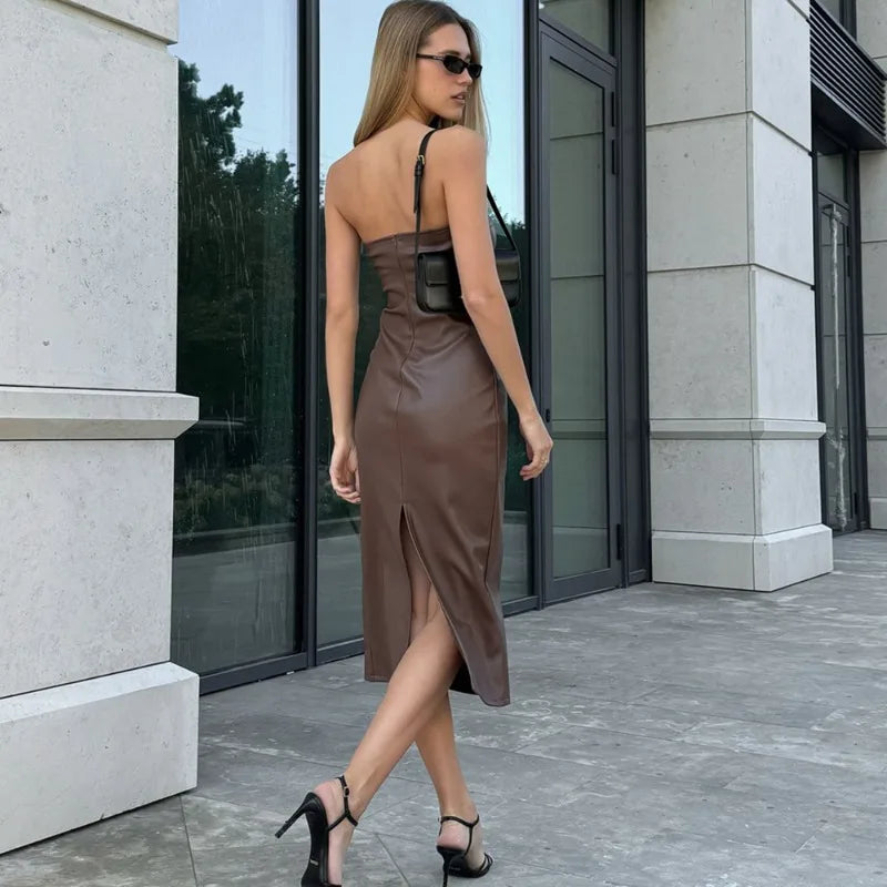 Strapless Slit Patchwork Faux Leather Mssaz Desses