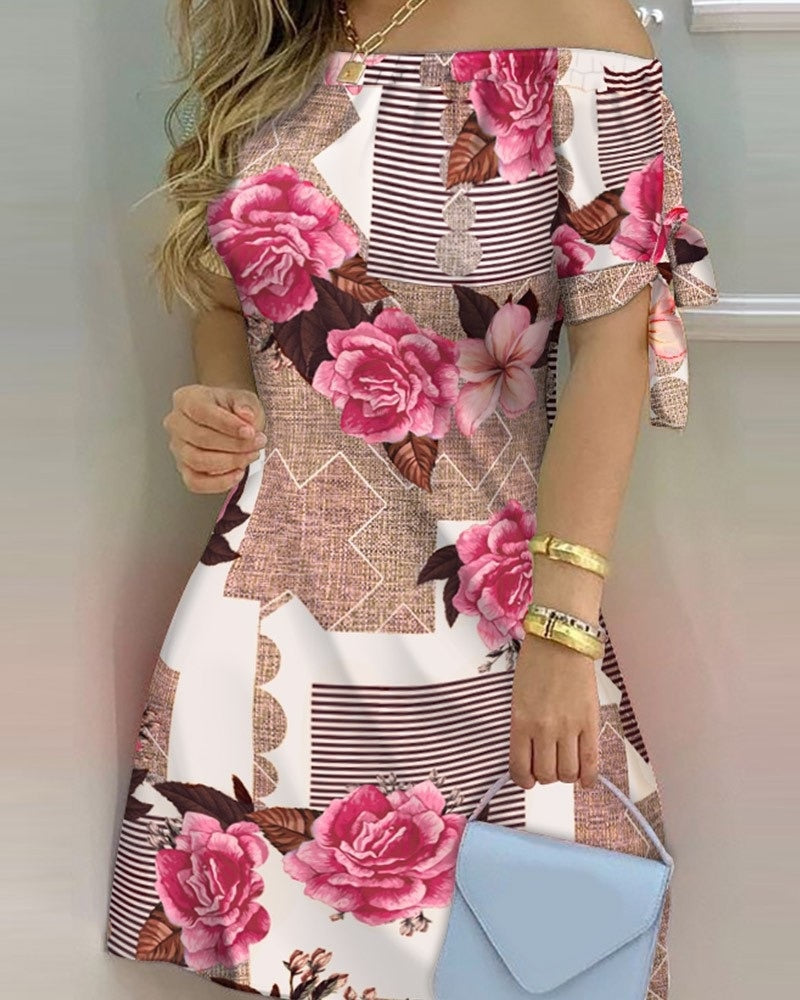 Off Shoulder  Mini Dress Short Sleeve Bow Tie Striped Plaid Floral Vestidos Mssaz Desses