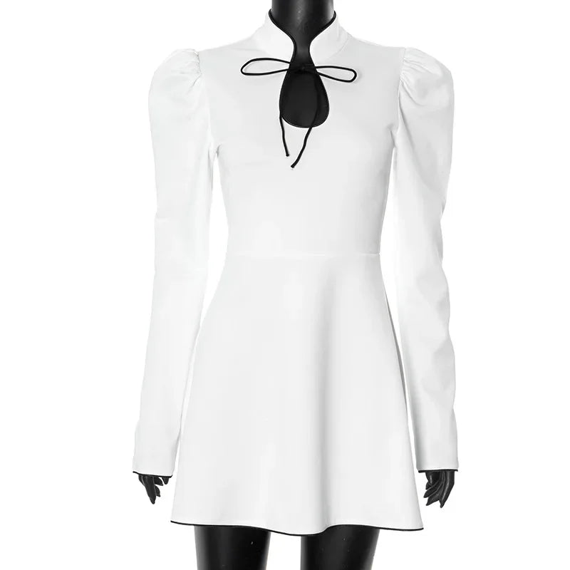 Lace-Up White V-Neck A-Line Short Dress Mssaz Desses