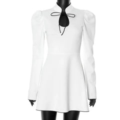 Lace-Up White V-Neck A-Line Short Dress Mssaz Desses